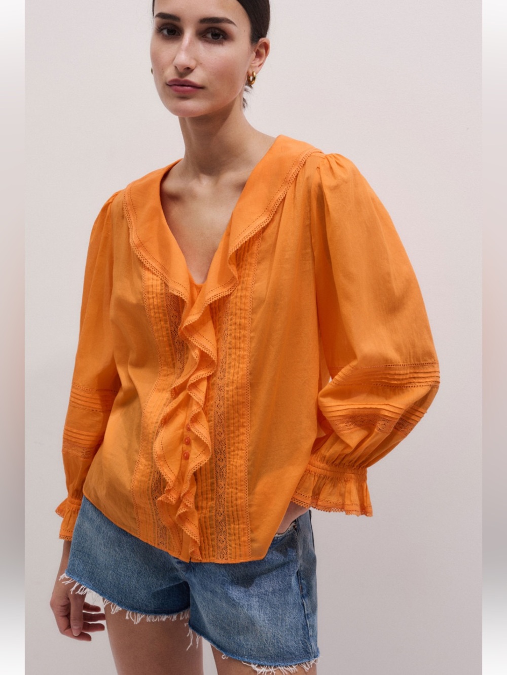 ME+EM NWT Orange Ruffle Long Sleeve Cotton Voile Blouse Size US6